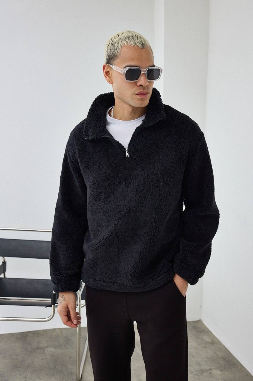 Korn Dik Yaka Oversize Kesim Erkek Peluş Sweatshirt - Siyah