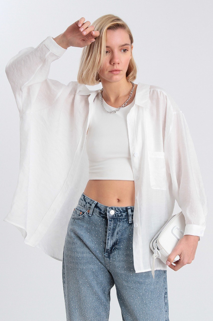 4612-Soft Textured Oversize Shirt - Beyaz