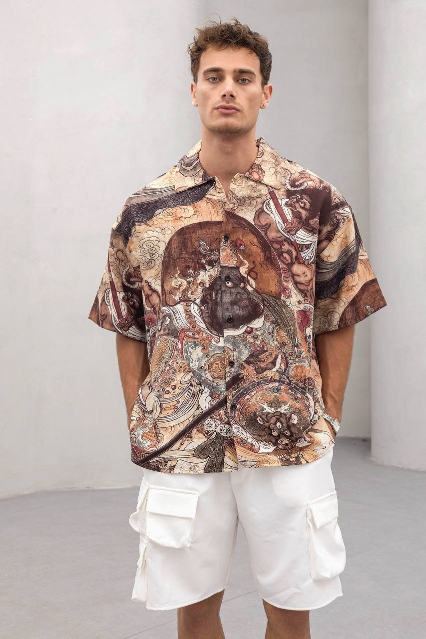 Rich Özel Tasarım Baskılı Oversize Kesim Erkek Gömlek