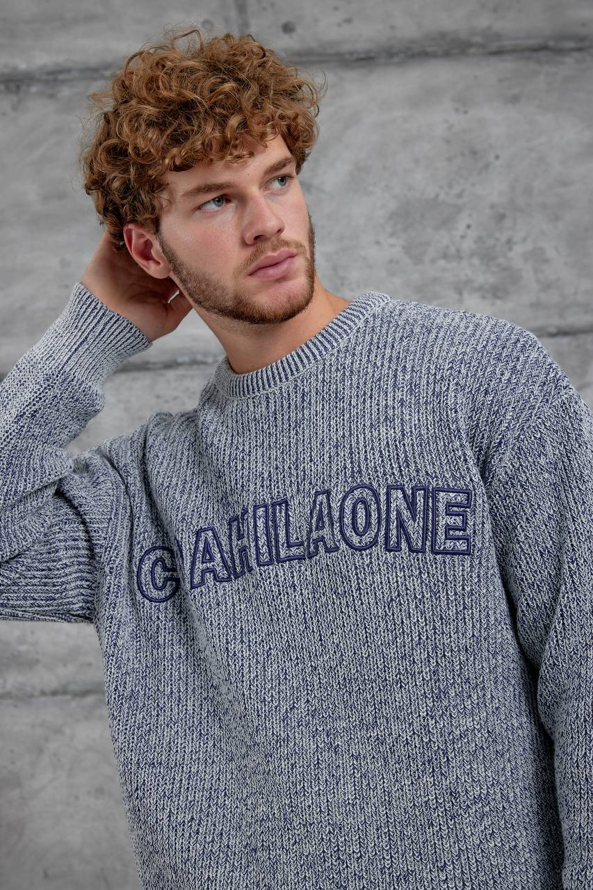 Walf Baskılı Oversize Kesim El Örgüsü Erkek Triko - Gri