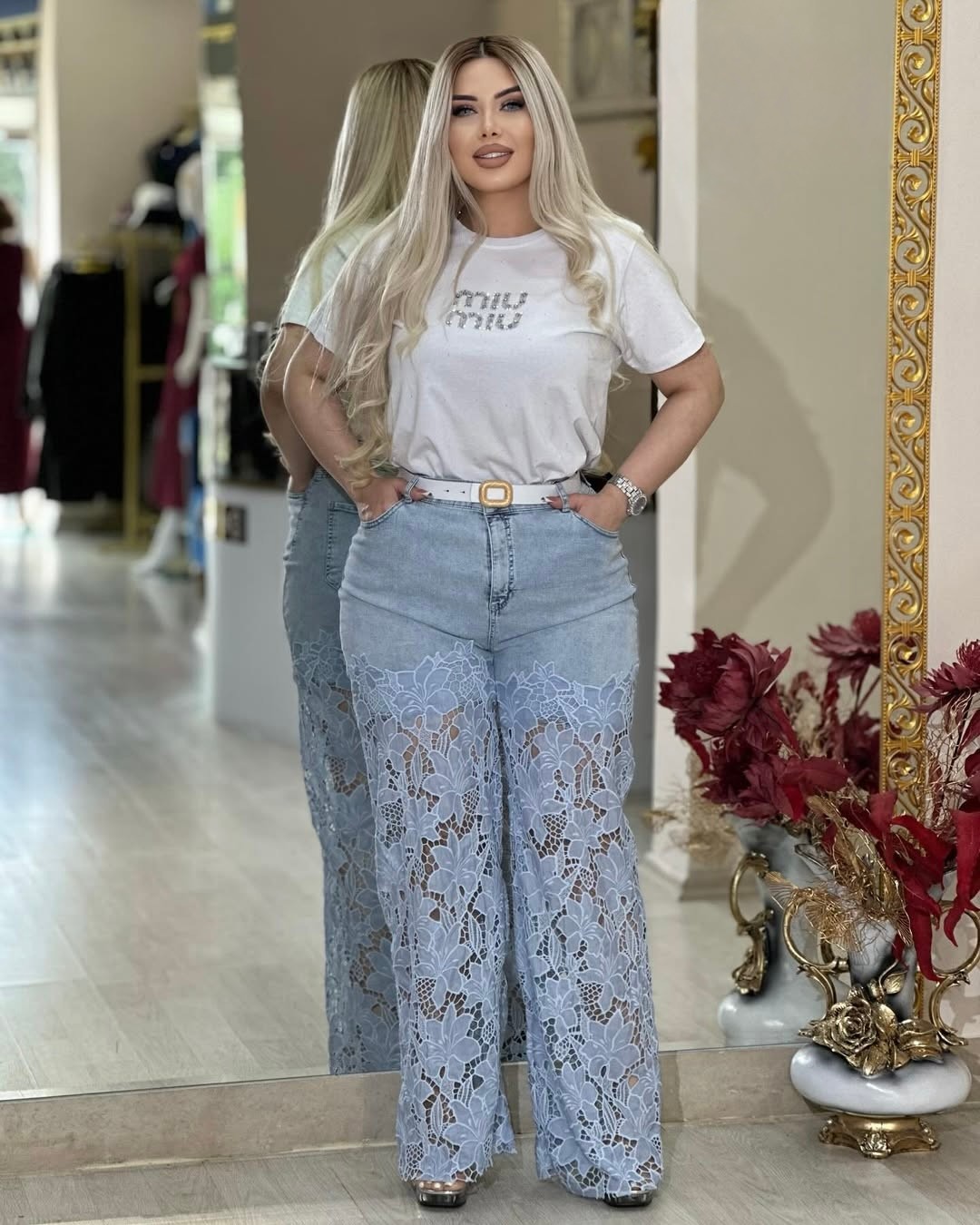 Julia Dantel İşlemeli Özel Tasarım Kadın Jean Palazzo Pantolon