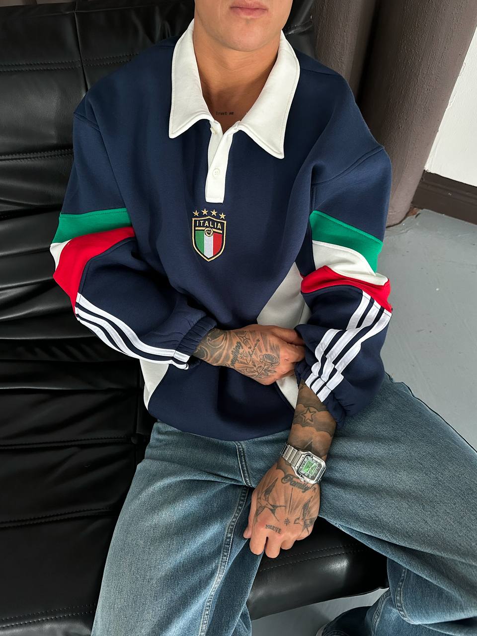 Nicolo İtalya Temalı Oversize Kesim Polo Yaka Erkek Forma Sweatshirt