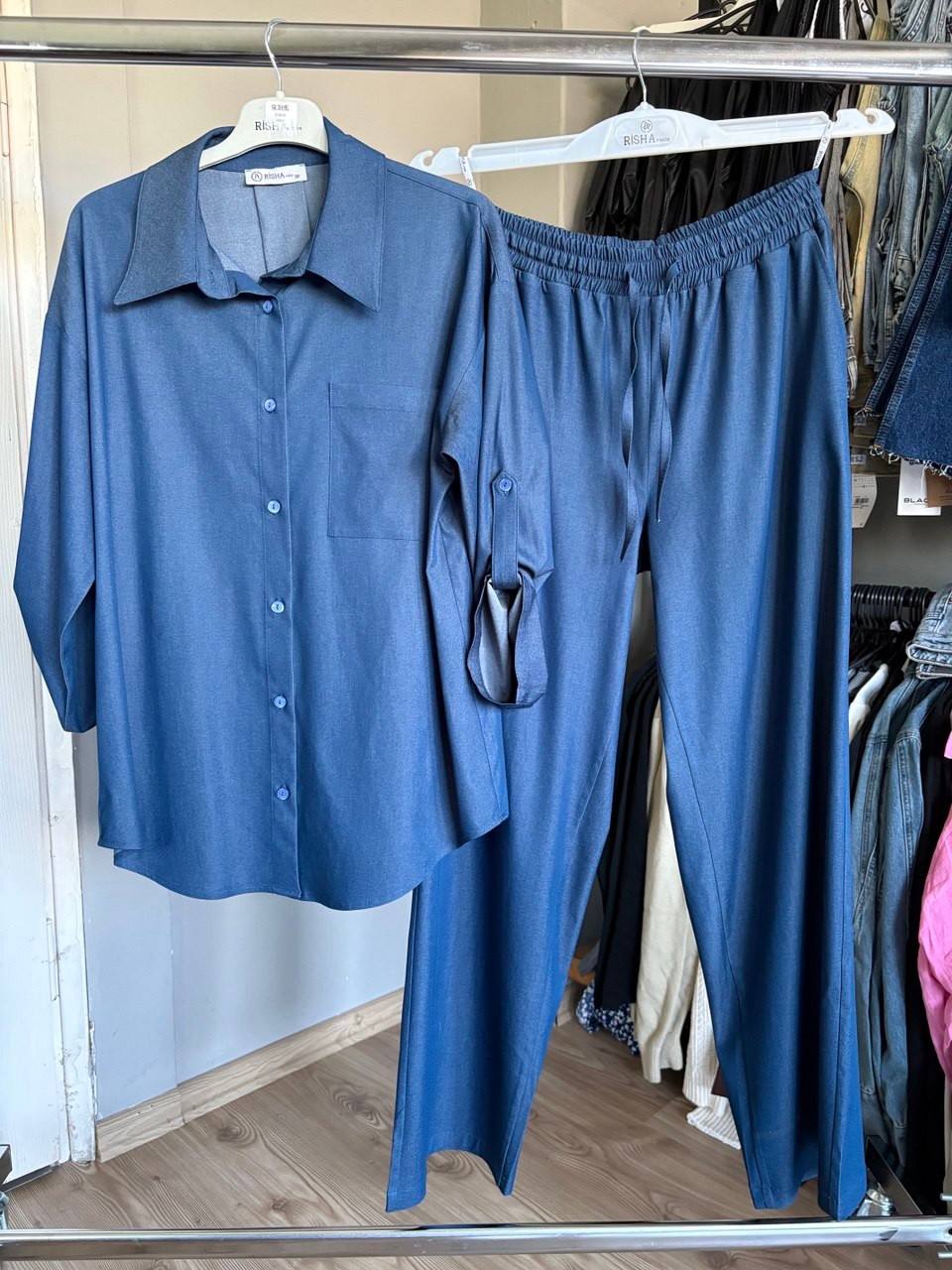 Mavera Beli Lastikli Pantolon Alt Üst Tensel Kumaş  Büyük Beden Kadın Takım