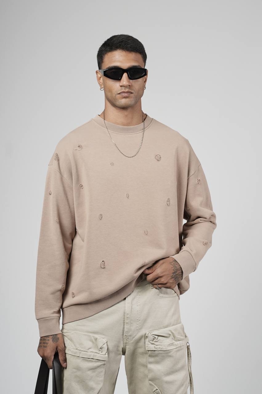 Zed Aşındırma Desenli Oversize Kesim Erkek Sweatshirt