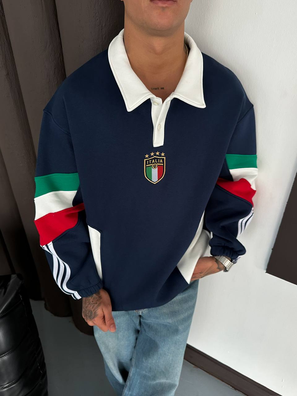 Nicolo İtalya Temalı Oversize Kesim Polo Yaka Erkek Forma Sweatshirt