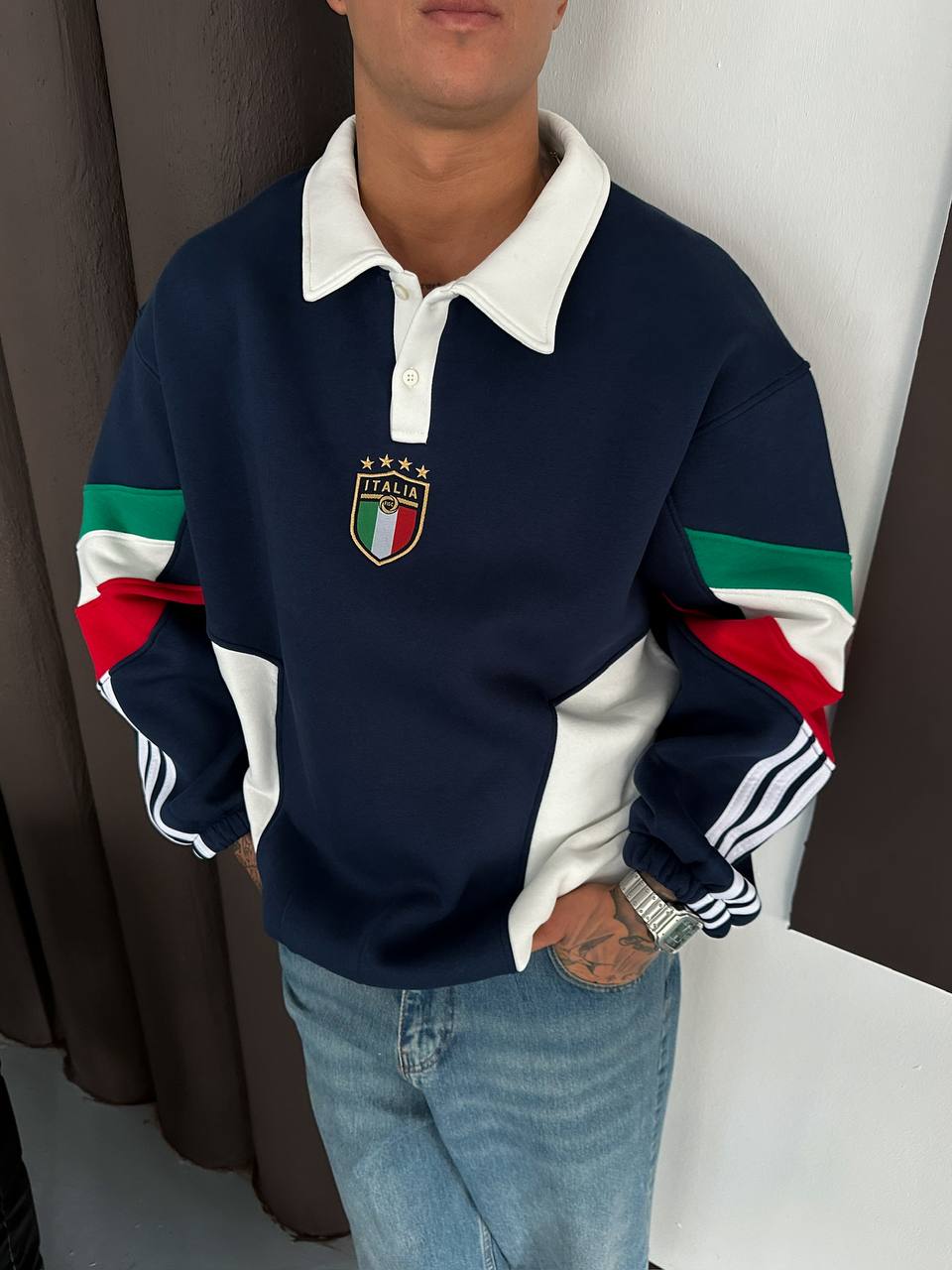 Nicolo İtalya Temalı Oversize Kesim Polo Yaka Erkek Forma Sweatshirt