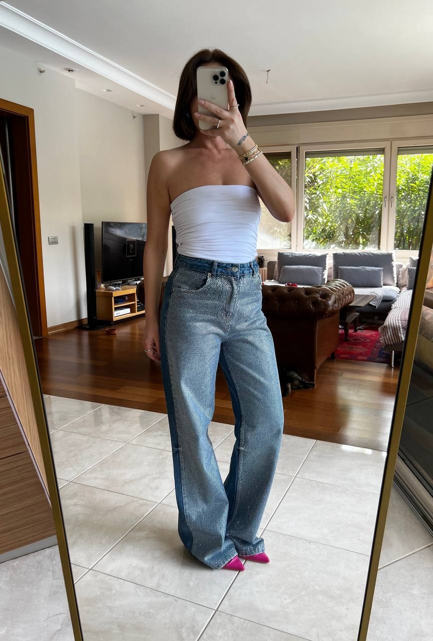 Mira Taş İşlemeli Özel Tasarım Kadın Denim Pantolon