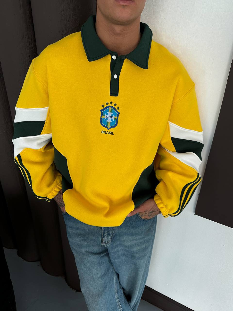 Rodry Brezilya Temalı Polo Yaka Oversize Kesim Erkek Forma Sweatshirt