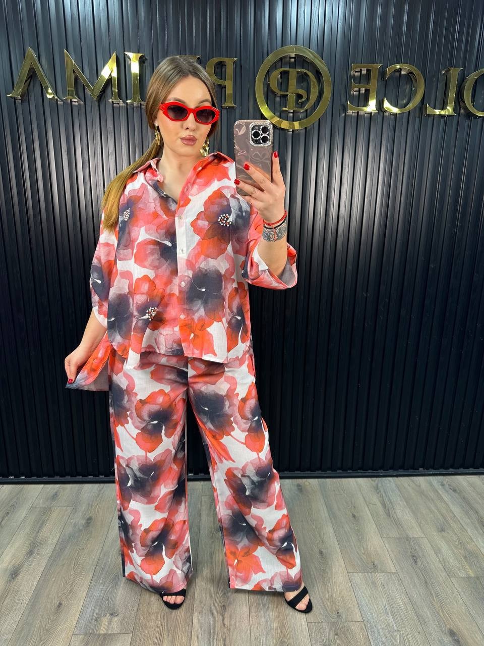 Roney Büyük Beden Baskılı  Oversize Gömlek ve Bel Lastikli Pantolon İkili Kadın Takım