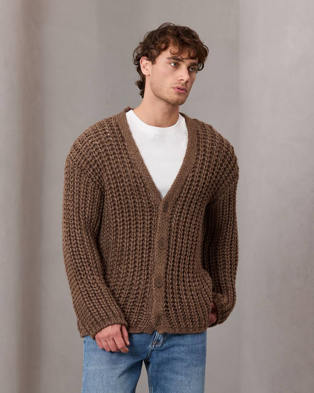 Soft Hands Düğme Detaylı Yün Erkek Hırka - Kahverengi