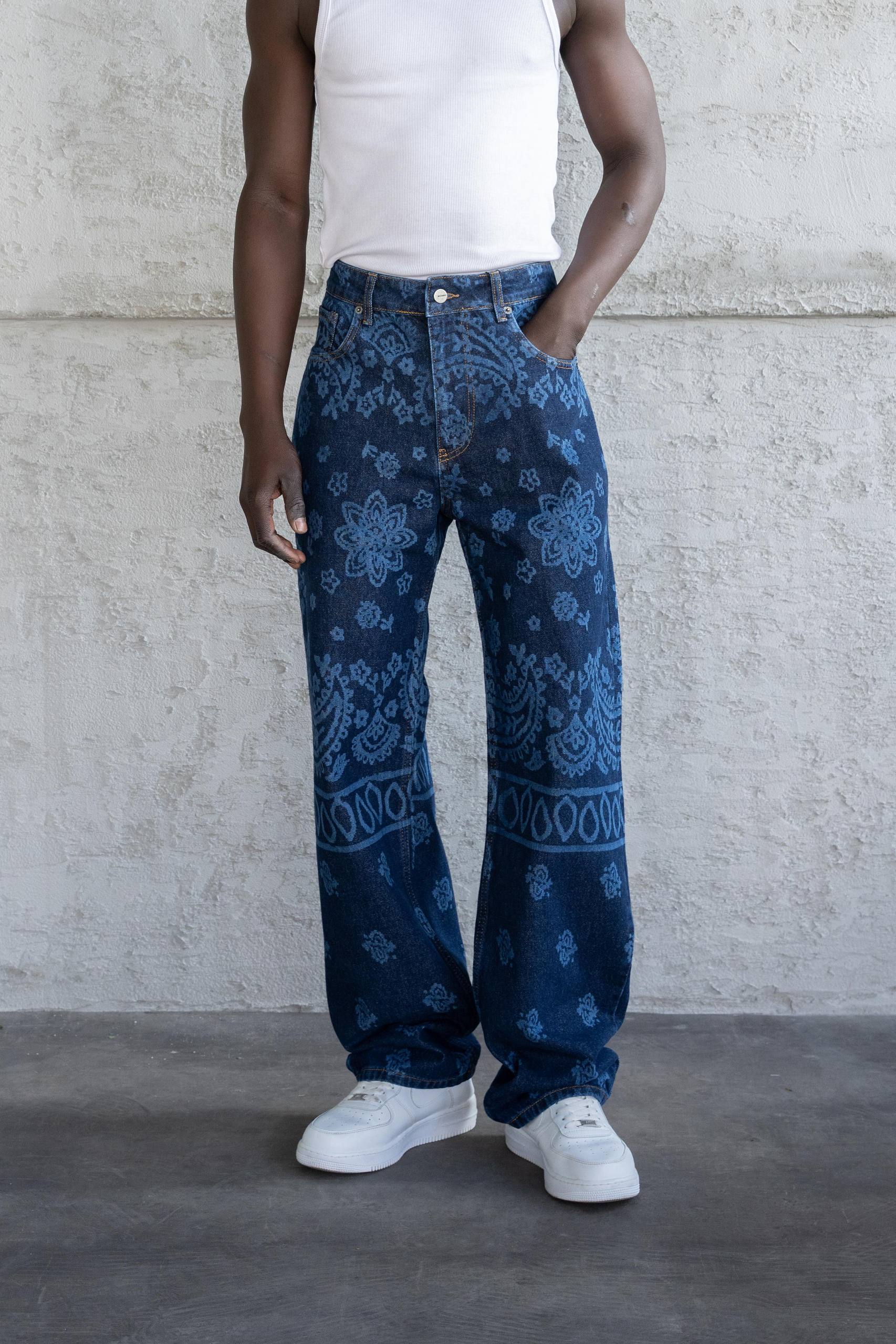 De Le Rante 2 Motif Baskılı Yıkamalı Yüksek Bel Erkek Jean Pantolon
