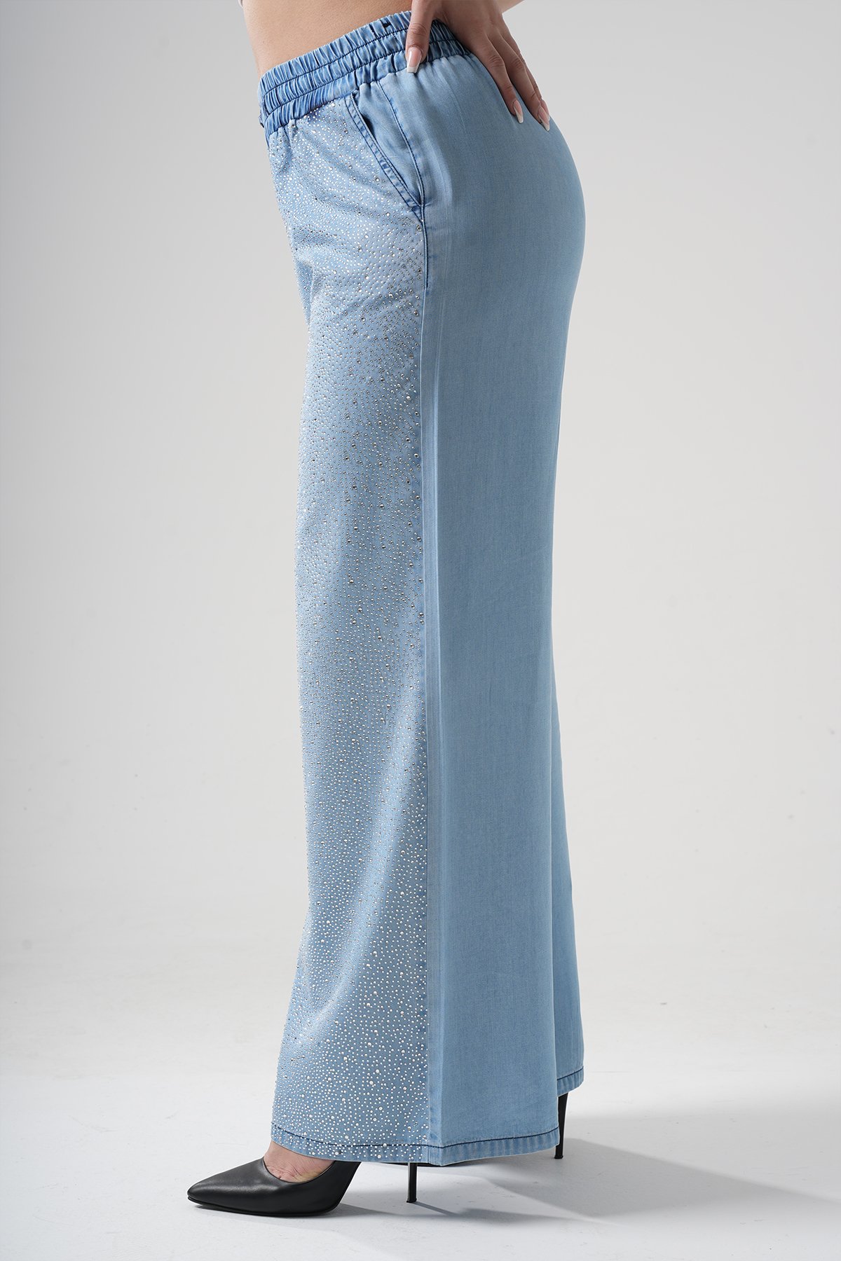 Women's Elastic Waist Special Front Stoned Tencel Palazzo 10530