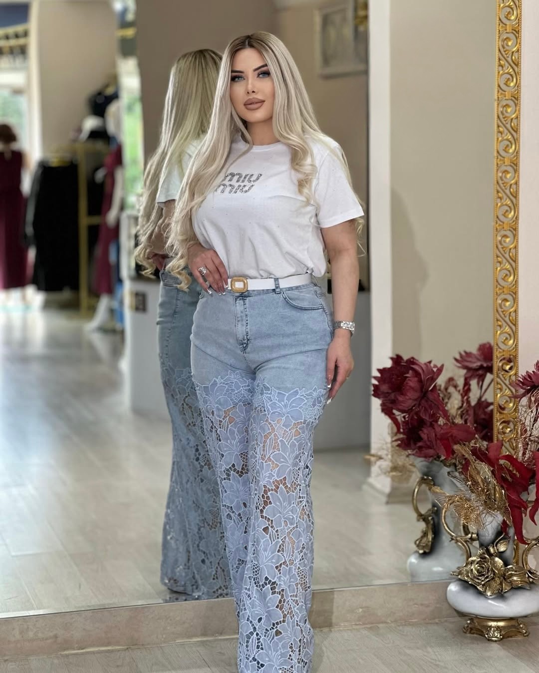 Julia Dantel İşlemeli Özel Tasarım Kadın Jean Palazzo Pantolon