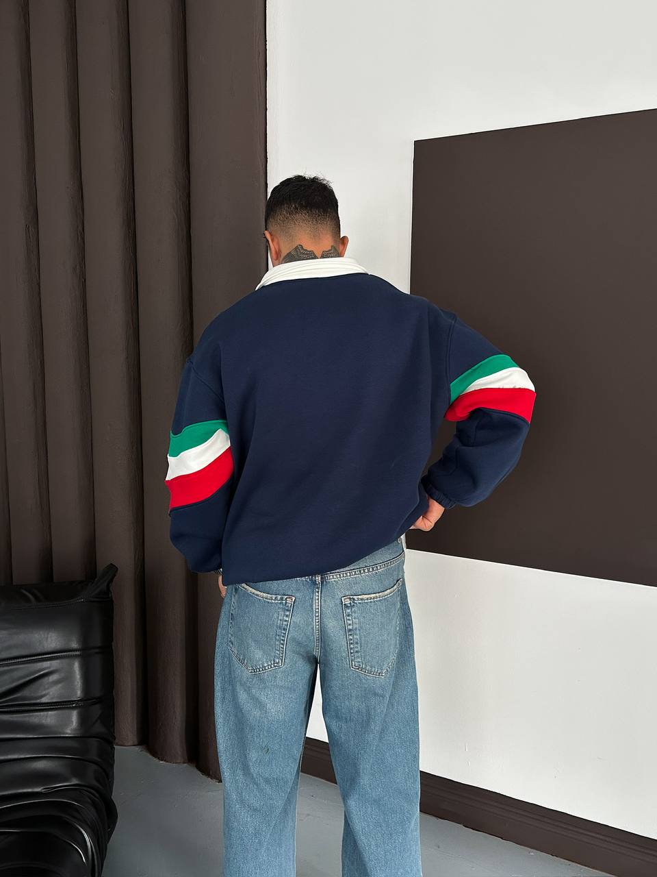 Nicolo İtalya Temalı Oversize Kesim Polo Yaka Erkek Forma Sweatshirt