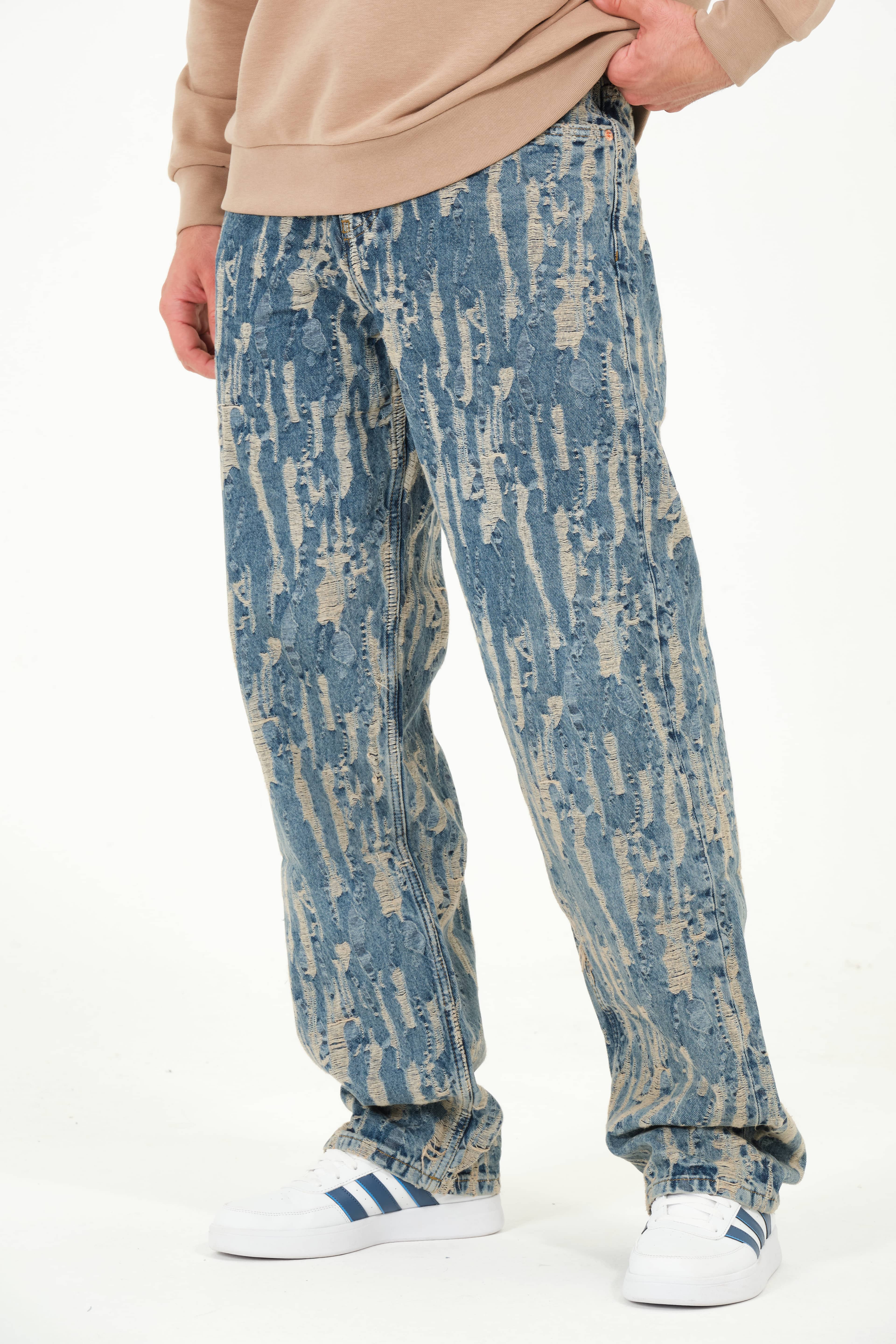 Ozy Yırtık Desenli Özel Tasarım Baggy Erkek Jean Pantolon