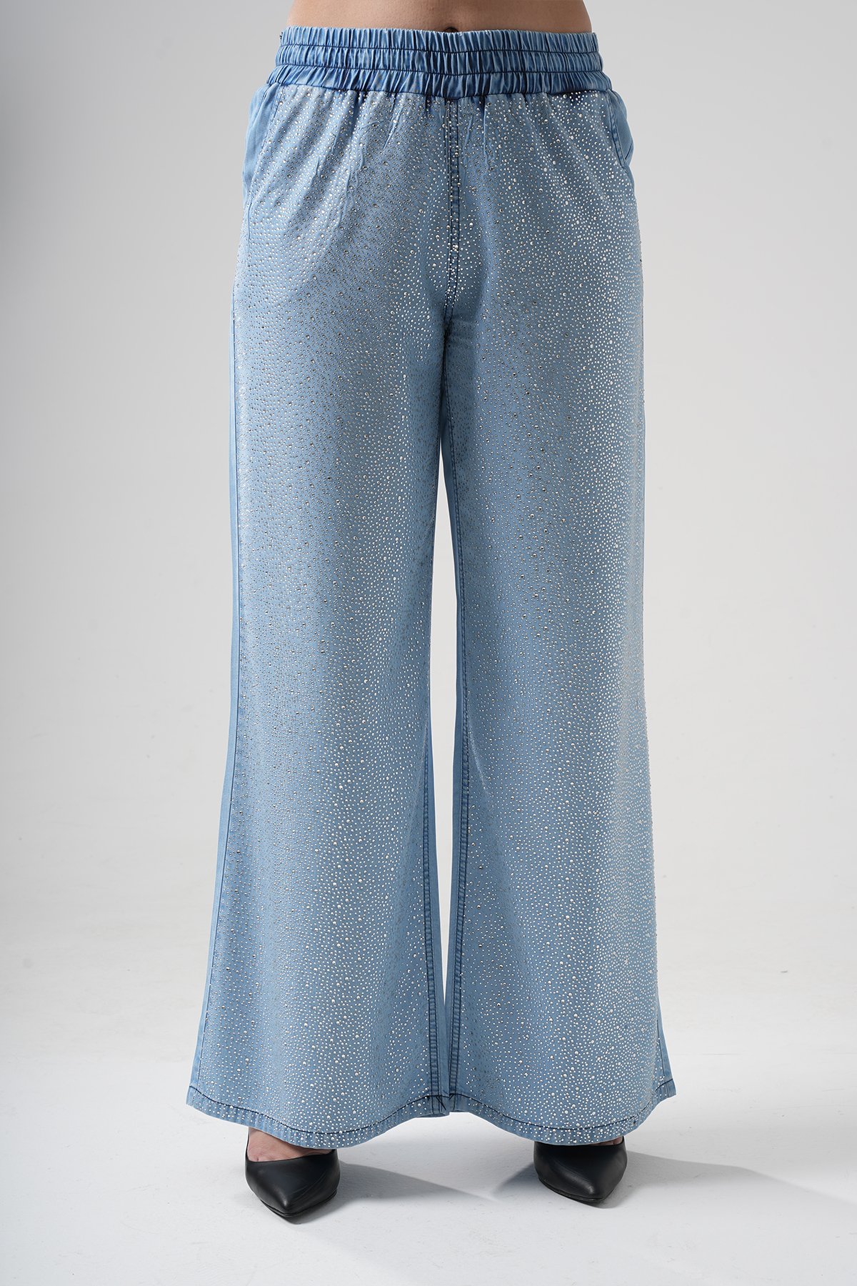 Women's Elastic Waist Special Front Stoned Tencel Palazzo 10530