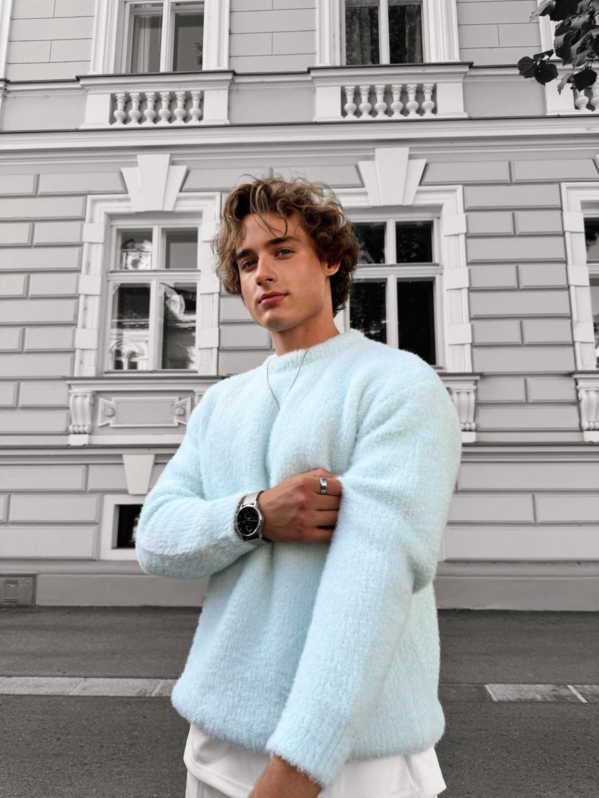 Core Oversize Kesim Bisiklet Yaka Erkek Triko - Mavi