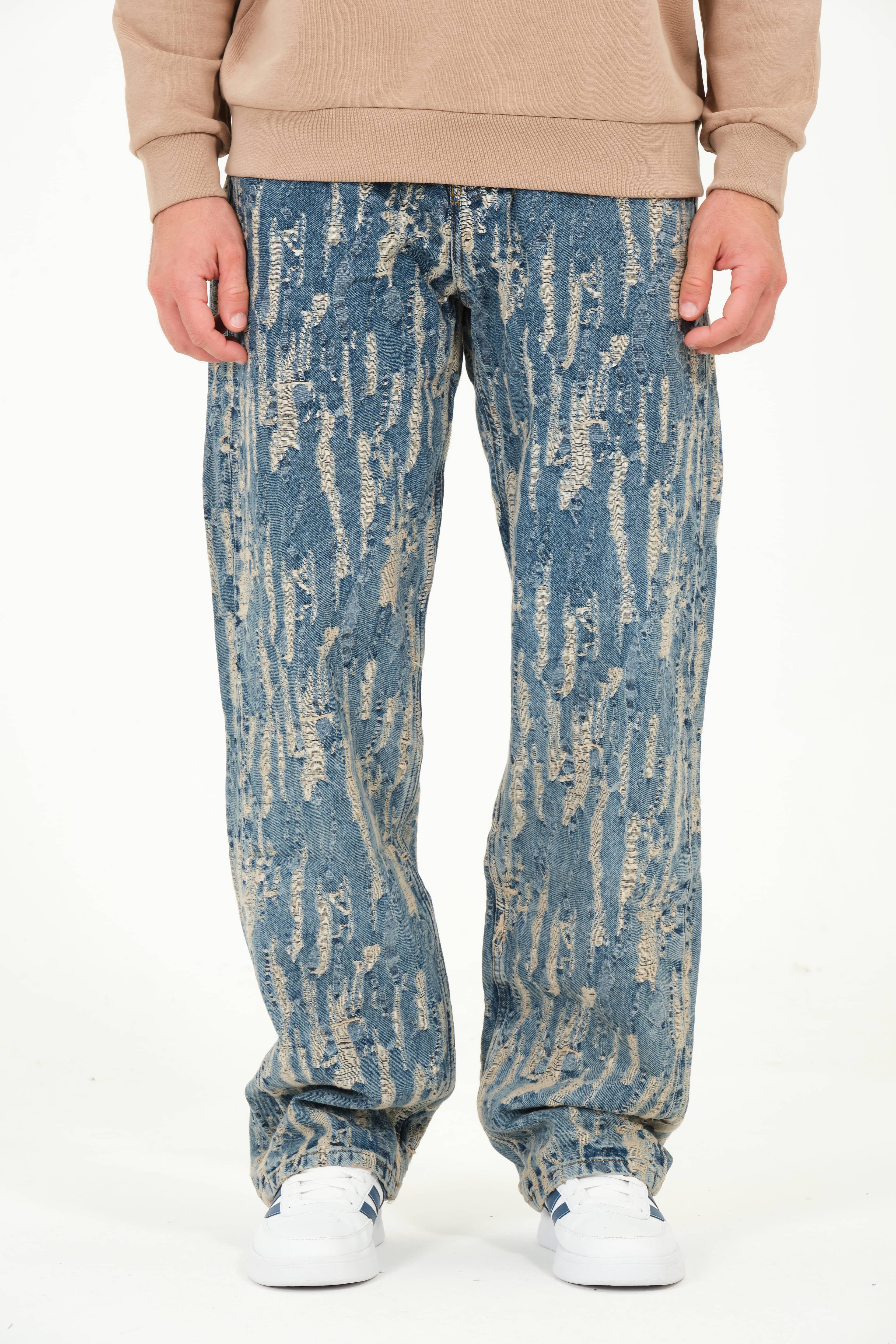 Ozy Yırtık Desenli Özel Tasarım Baggy Erkek Jean Pantolon