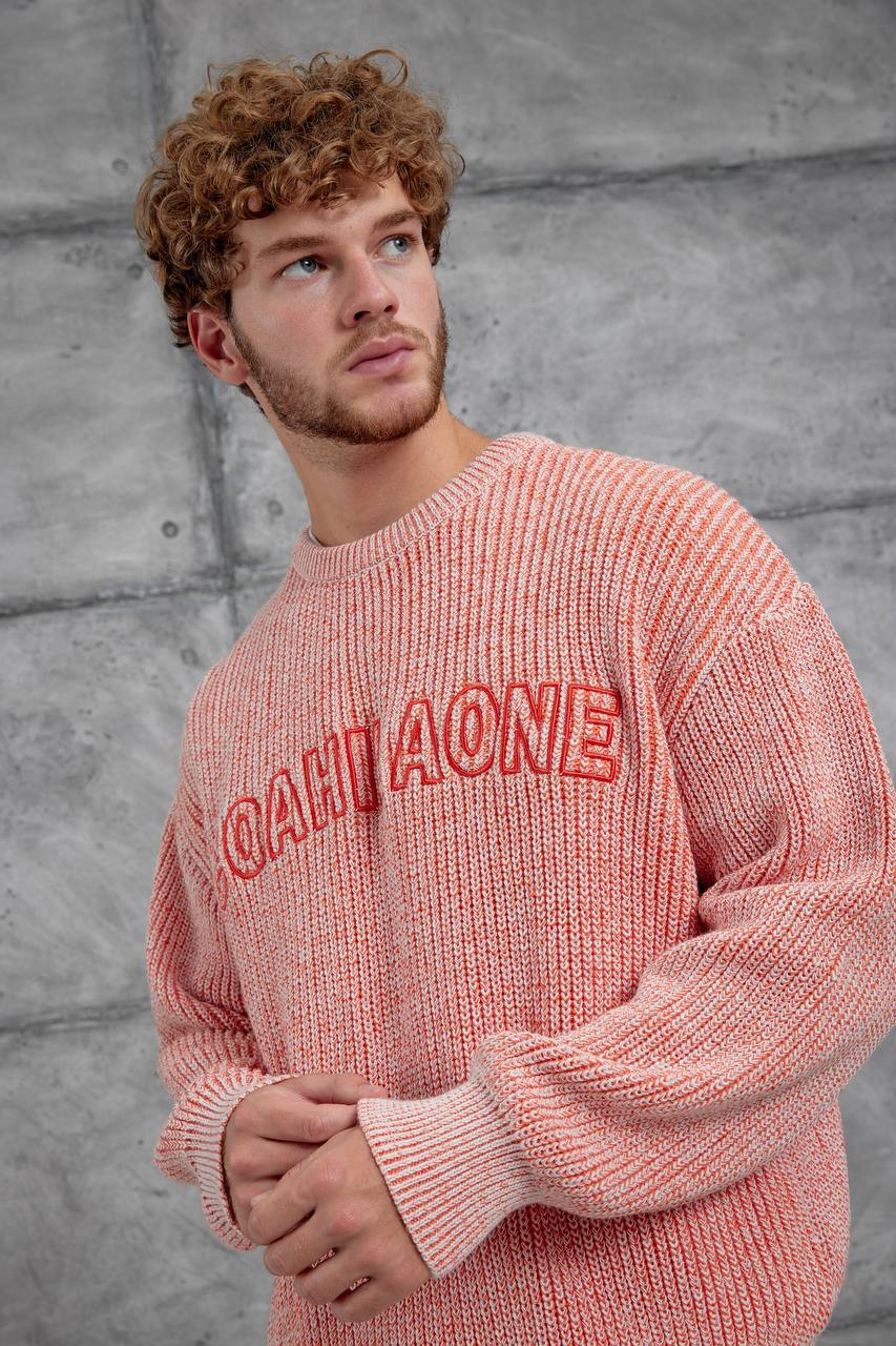 Walf Baskılı Oversize Kesim El Örgüsü Erkek Triko - Pudra