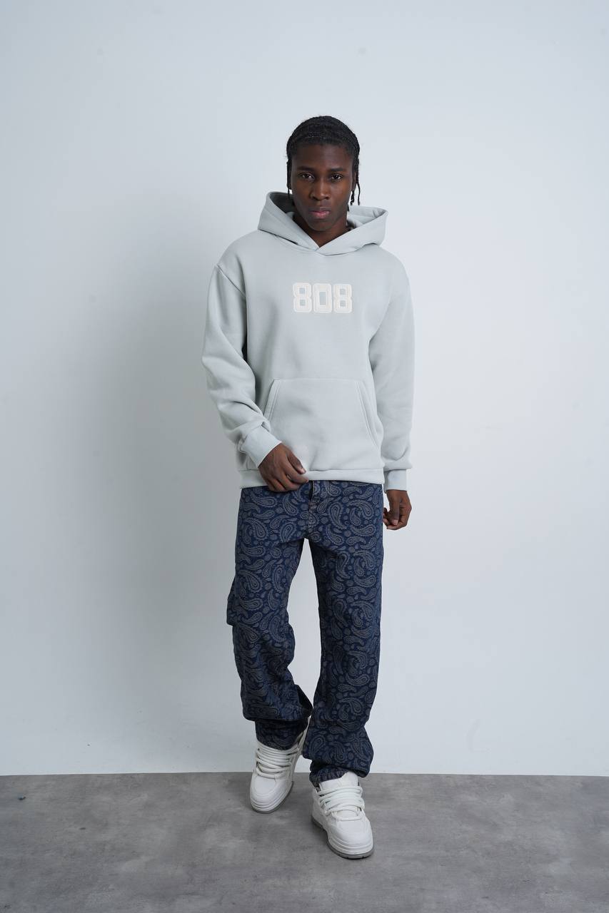 808 Numara Baskılı Oversize Kesim Erkek Hoodie - Gri