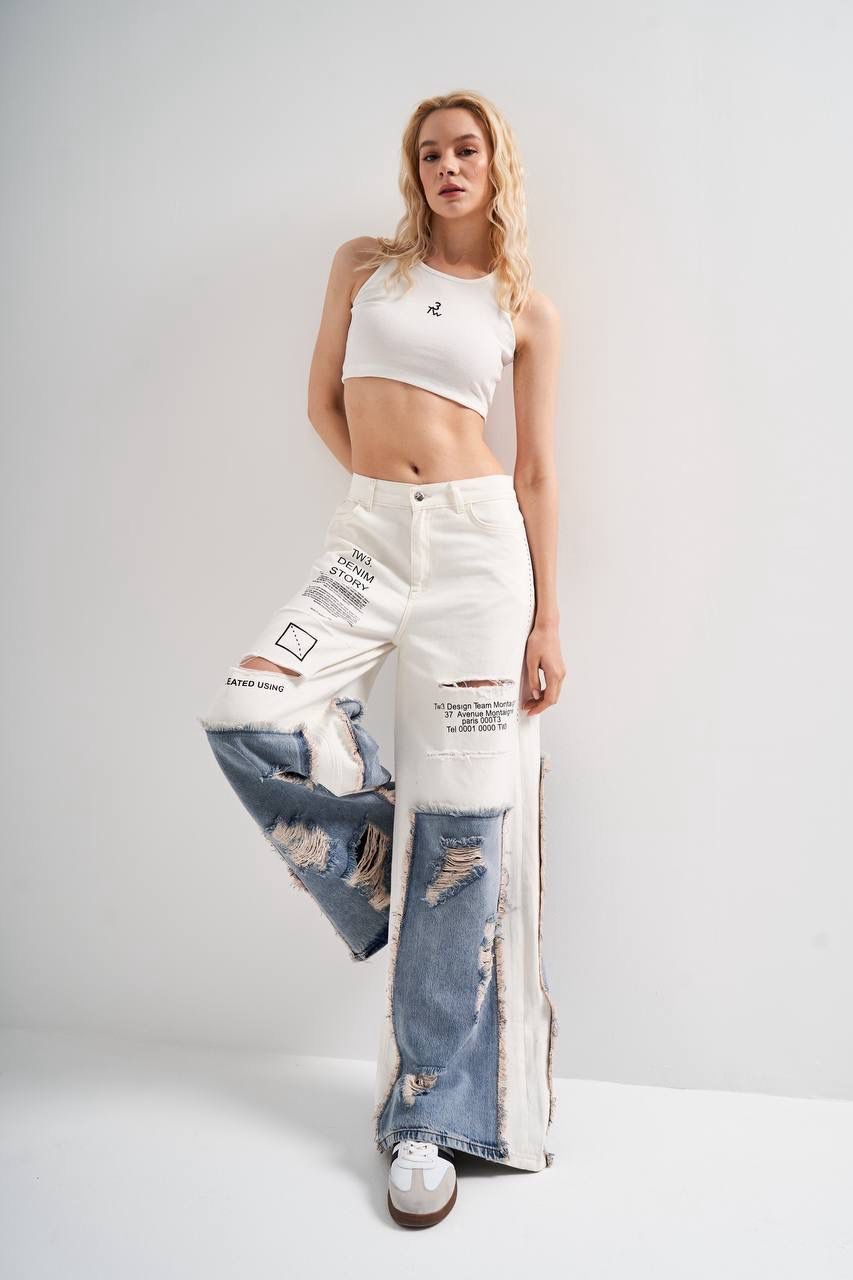 Soura Denim Fabric Ripped Effect Trousers