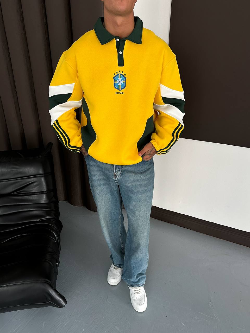 Rodry Brezilya Temalı Polo Yaka Oversize Kesim Erkek Forma Sweatshirt