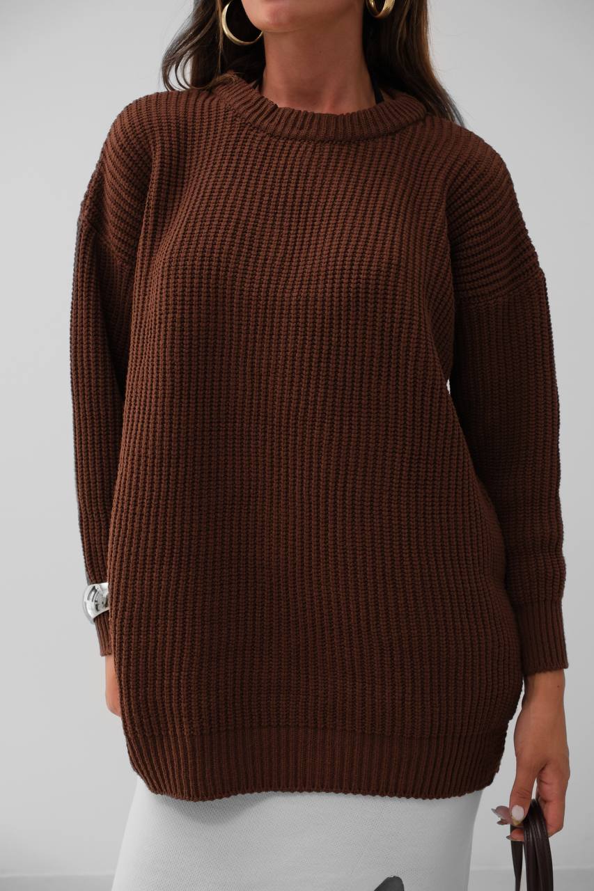 Eivor Oversize Kadın Triko Kazak - Kahverengi
