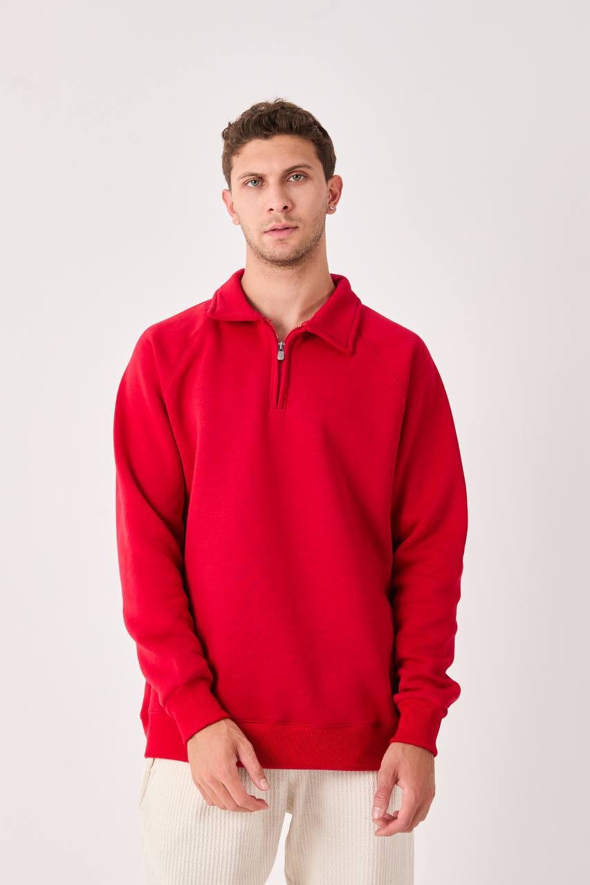 Dent Polo Yaka Oversize Kesim Erkek Sweatshirt - Kırmızı
