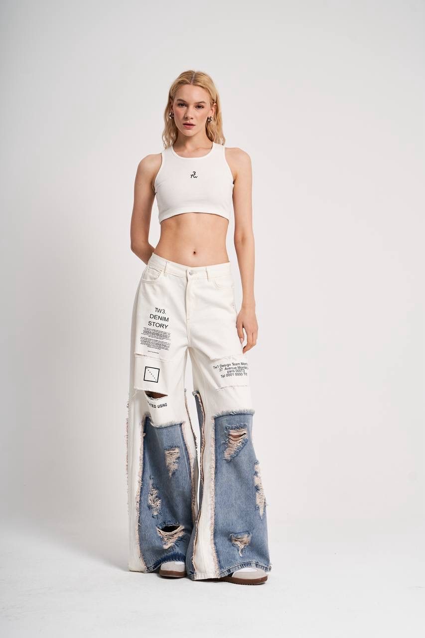 Soura Denim Fabric Ripped Effect Trousers