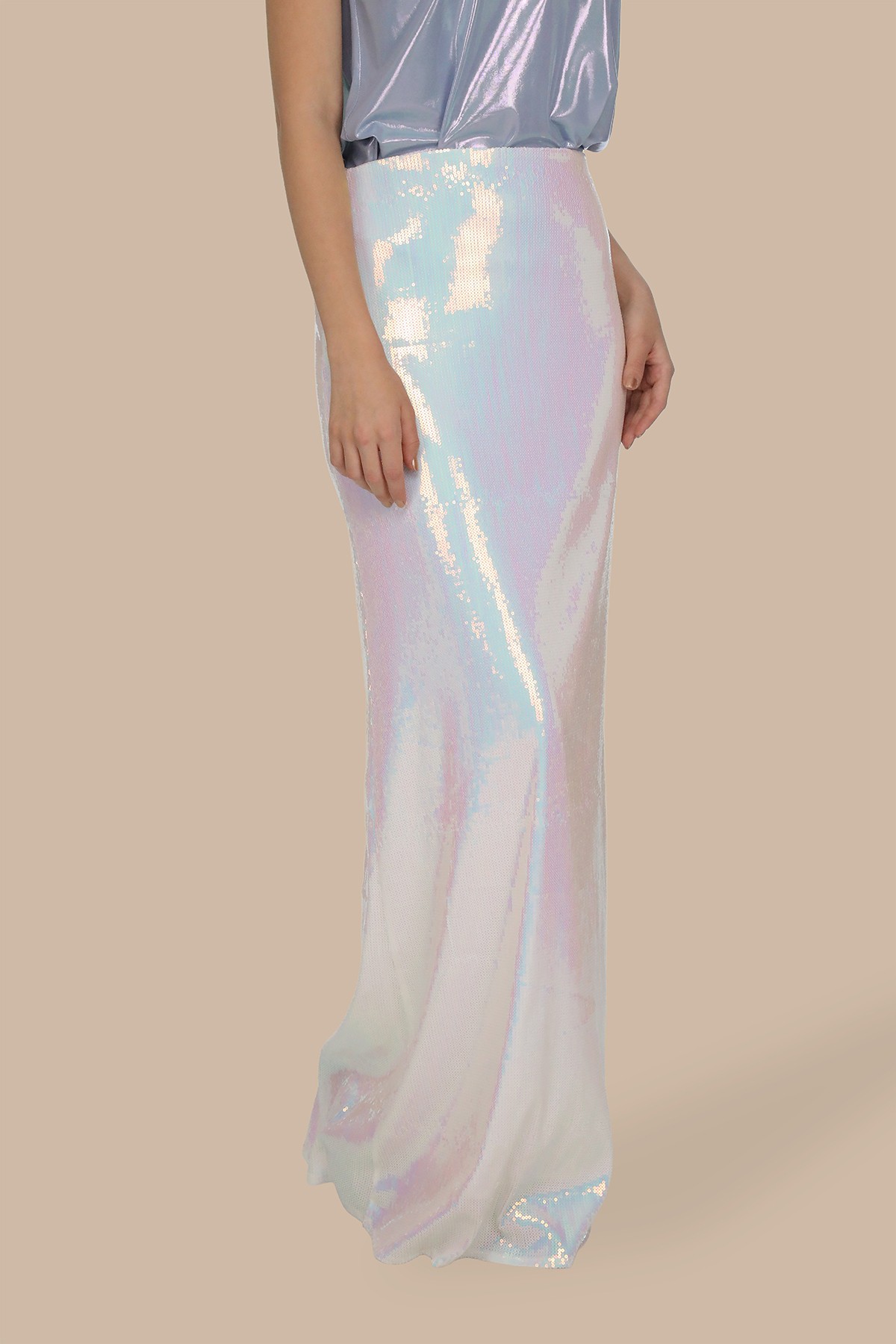 Hologram Beyaz Payetli Uzun Çan Etek