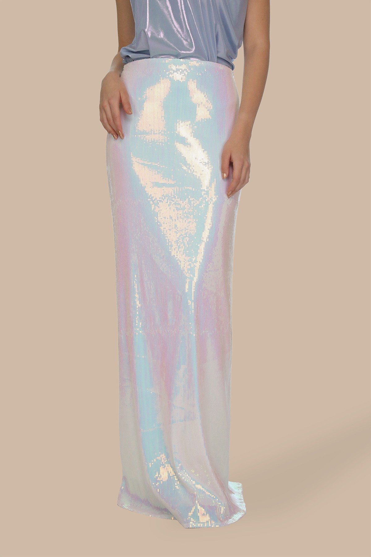 Hologram Beyaz Payetli Uzun Çan Etek