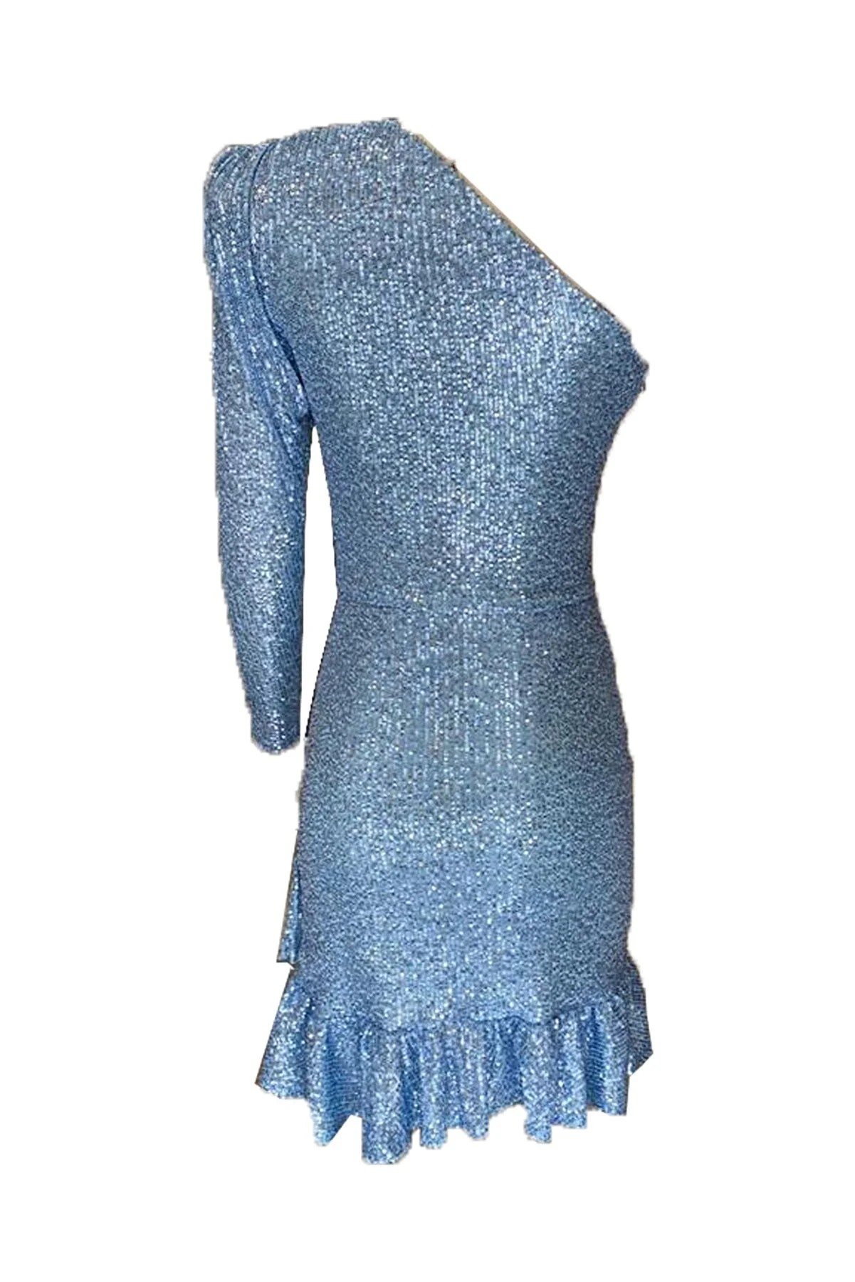 Payetli Tek Omuz Elbise - Mavi