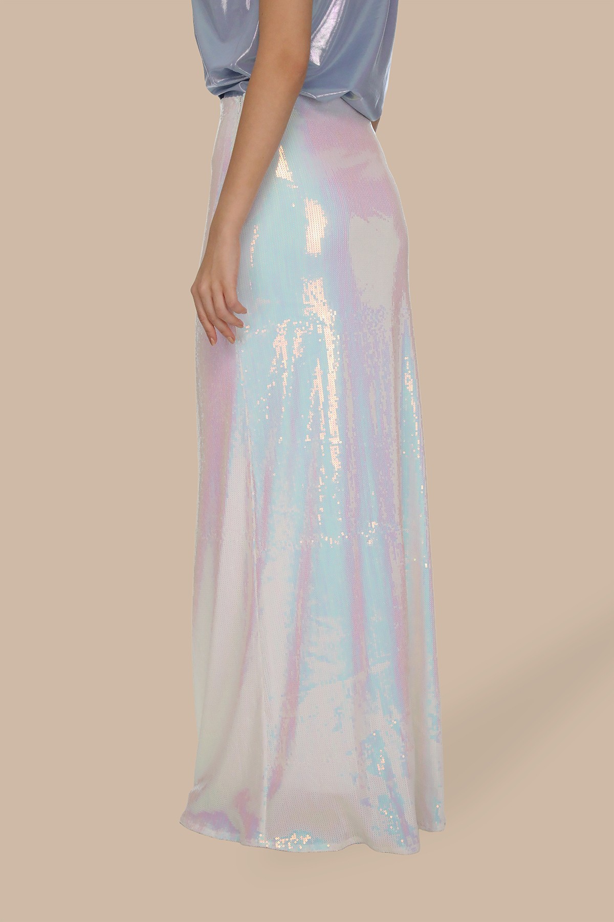 Hologram Beyaz Payetli Uzun Çan Etek