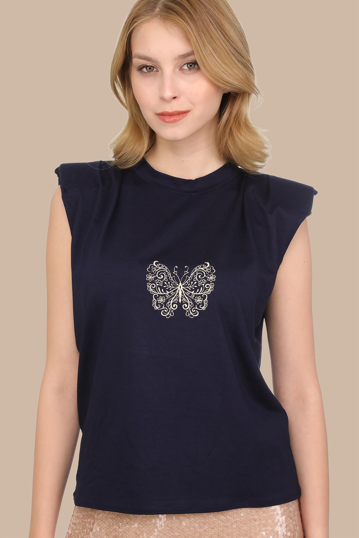 Lacivert Kolsuz Kelebek Nakışlı Oversize Vatkalı T-shirt