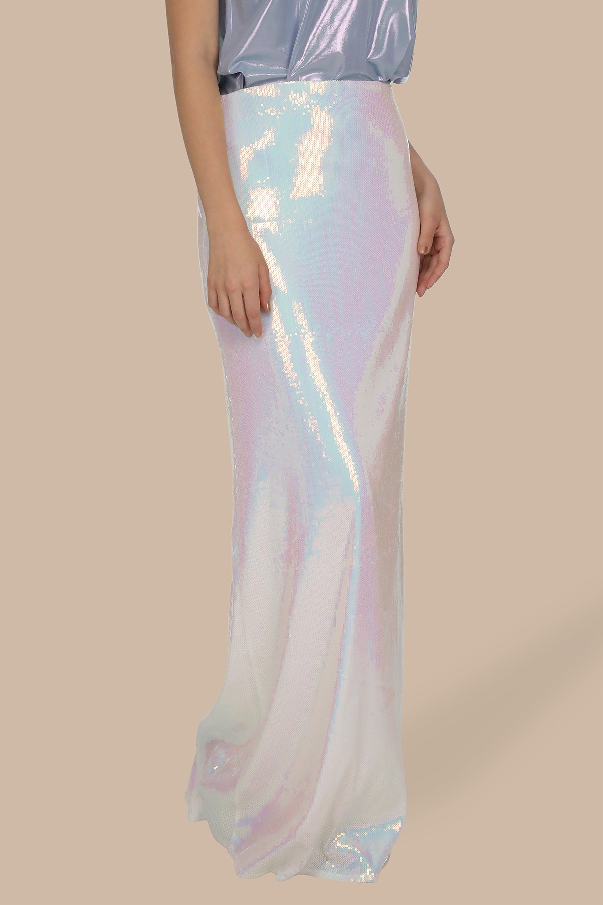 Hologram Beyaz Payetli Uzun Çan Etek