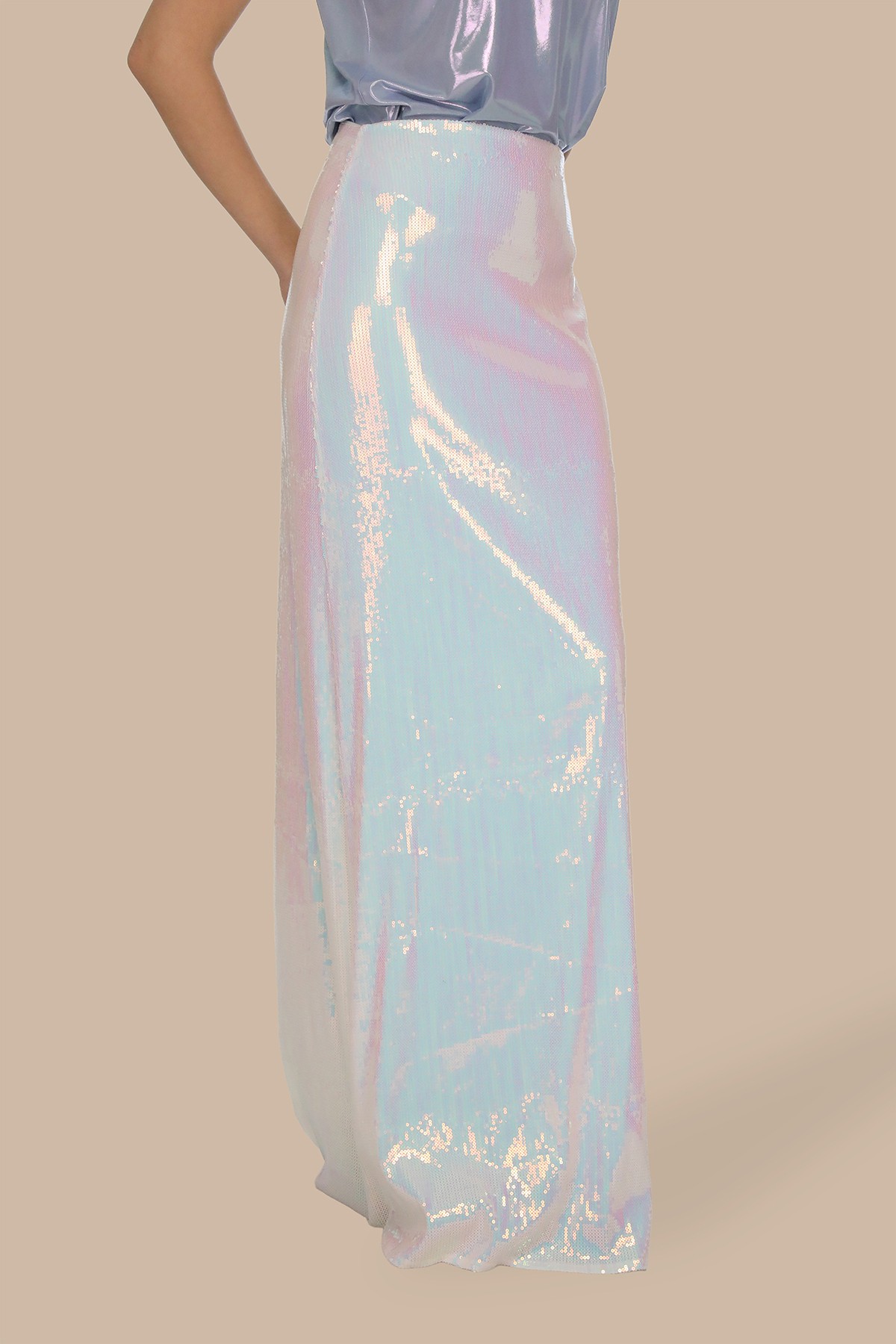 Hologram Beyaz Payetli Uzun Çan Etek
