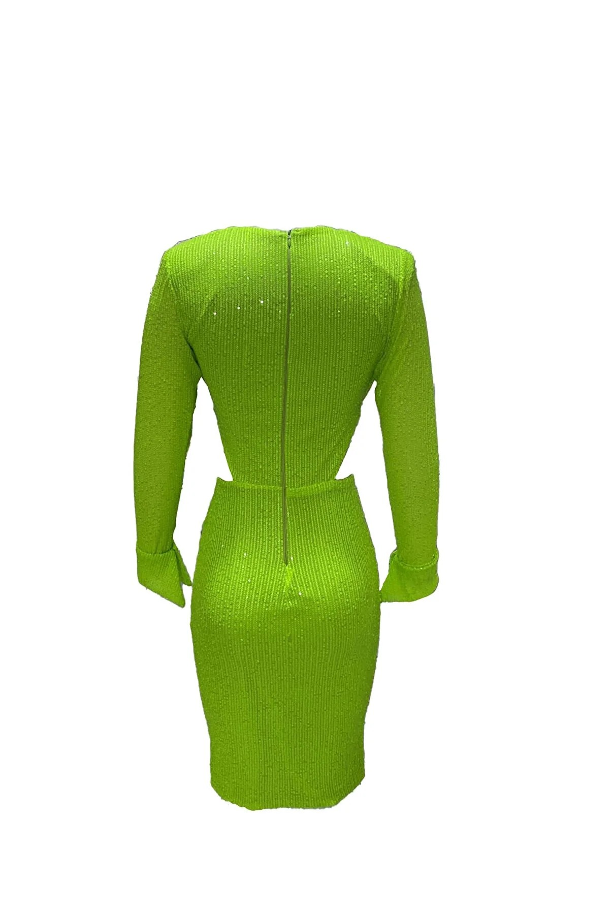 Yeşil Payetli Kesik Detaylı Mini Elbise