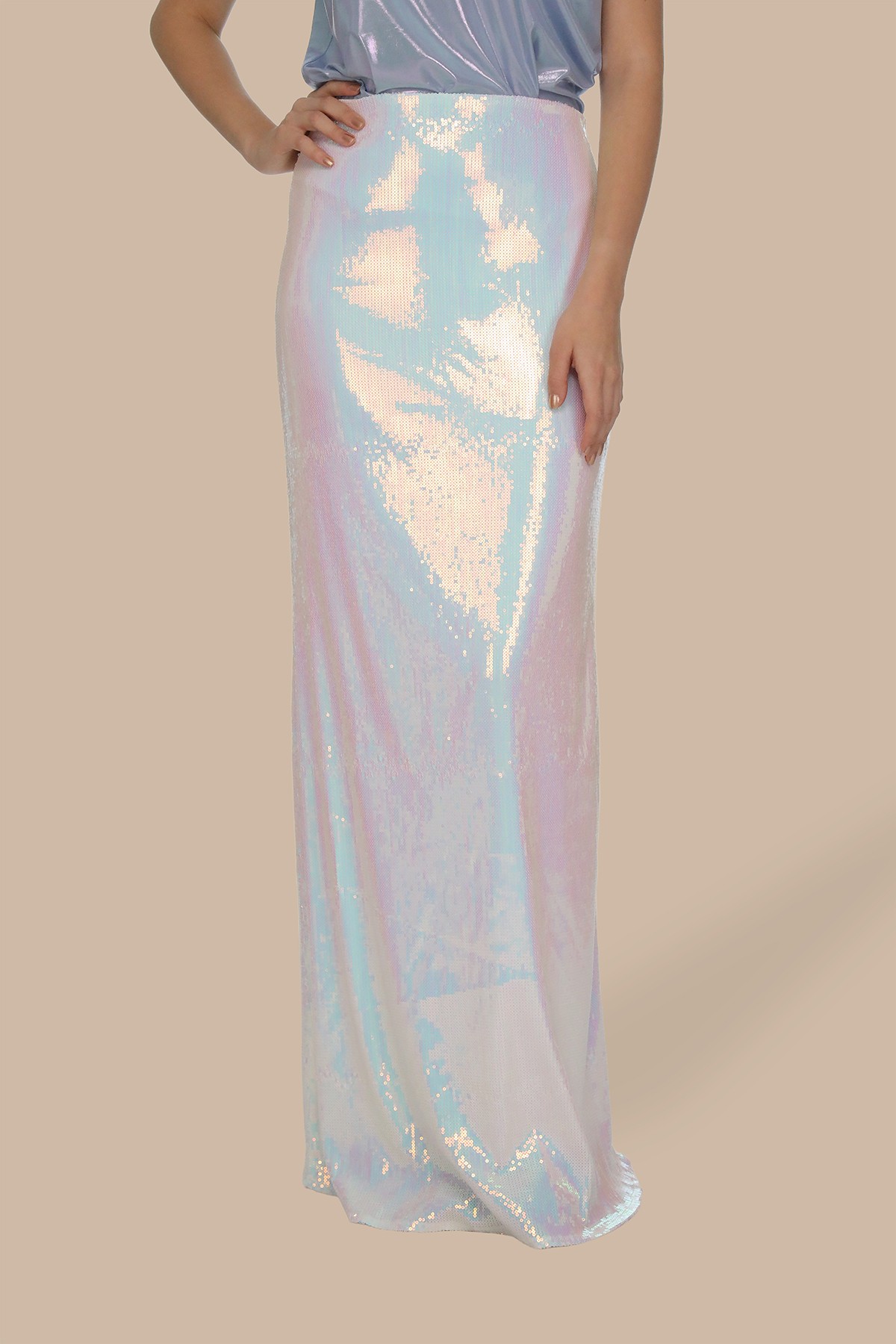 Hologram Beyaz Payetli Uzun Çan Etek