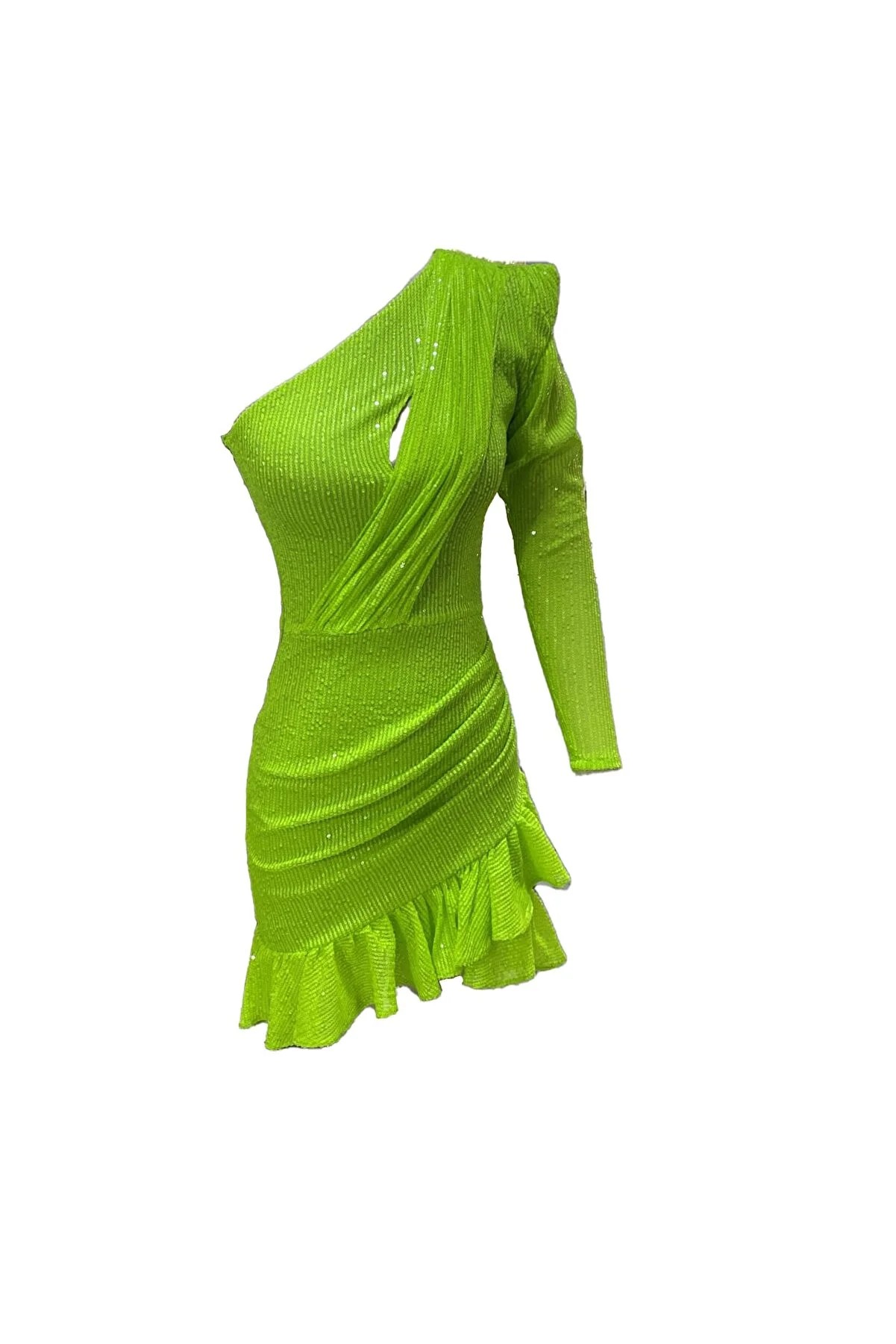 Payetli Tek Omuz Elbise - Yeşil