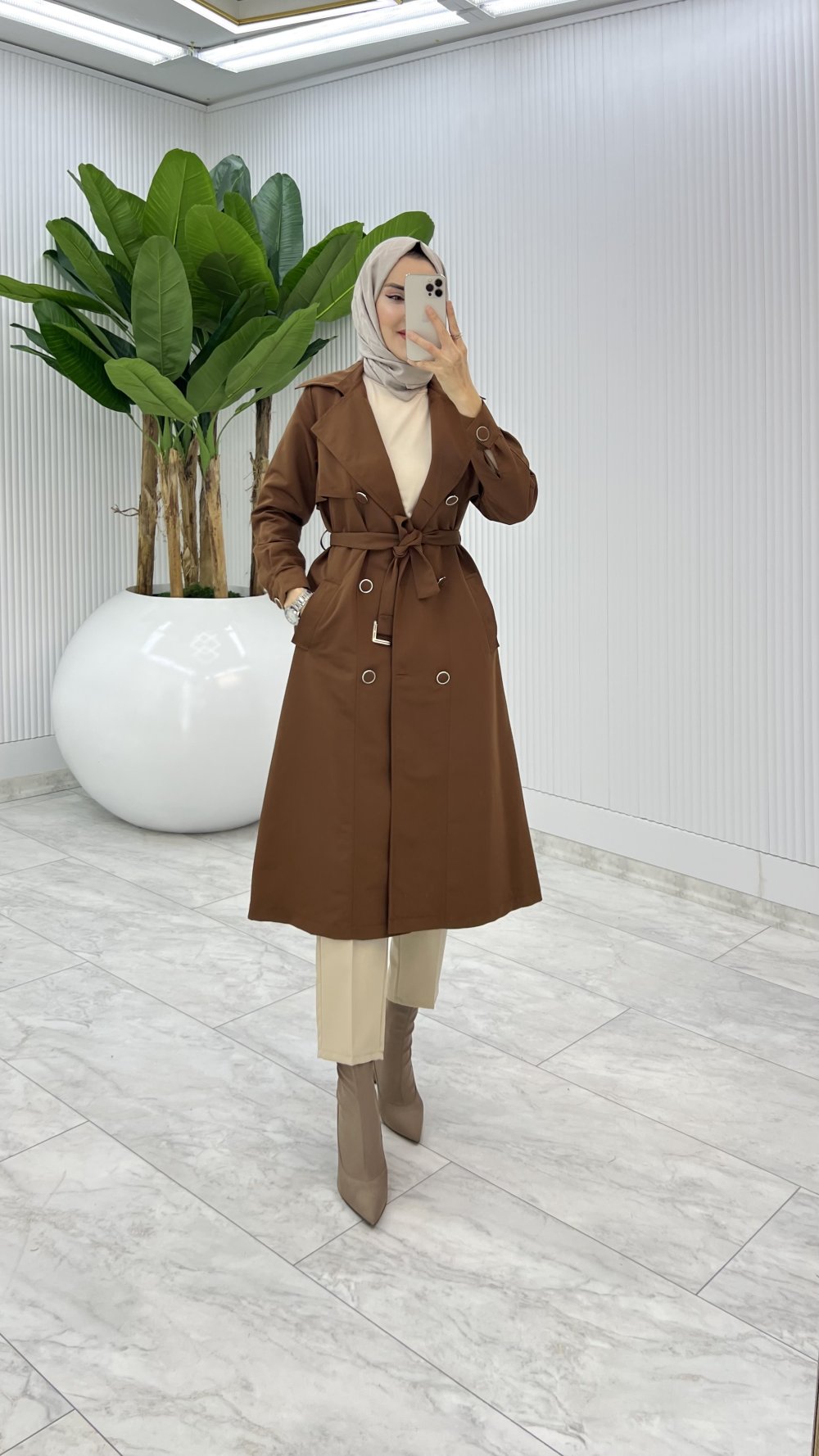 Kahve Premium Astarlı Eylem Trench Tesettür Giyim 