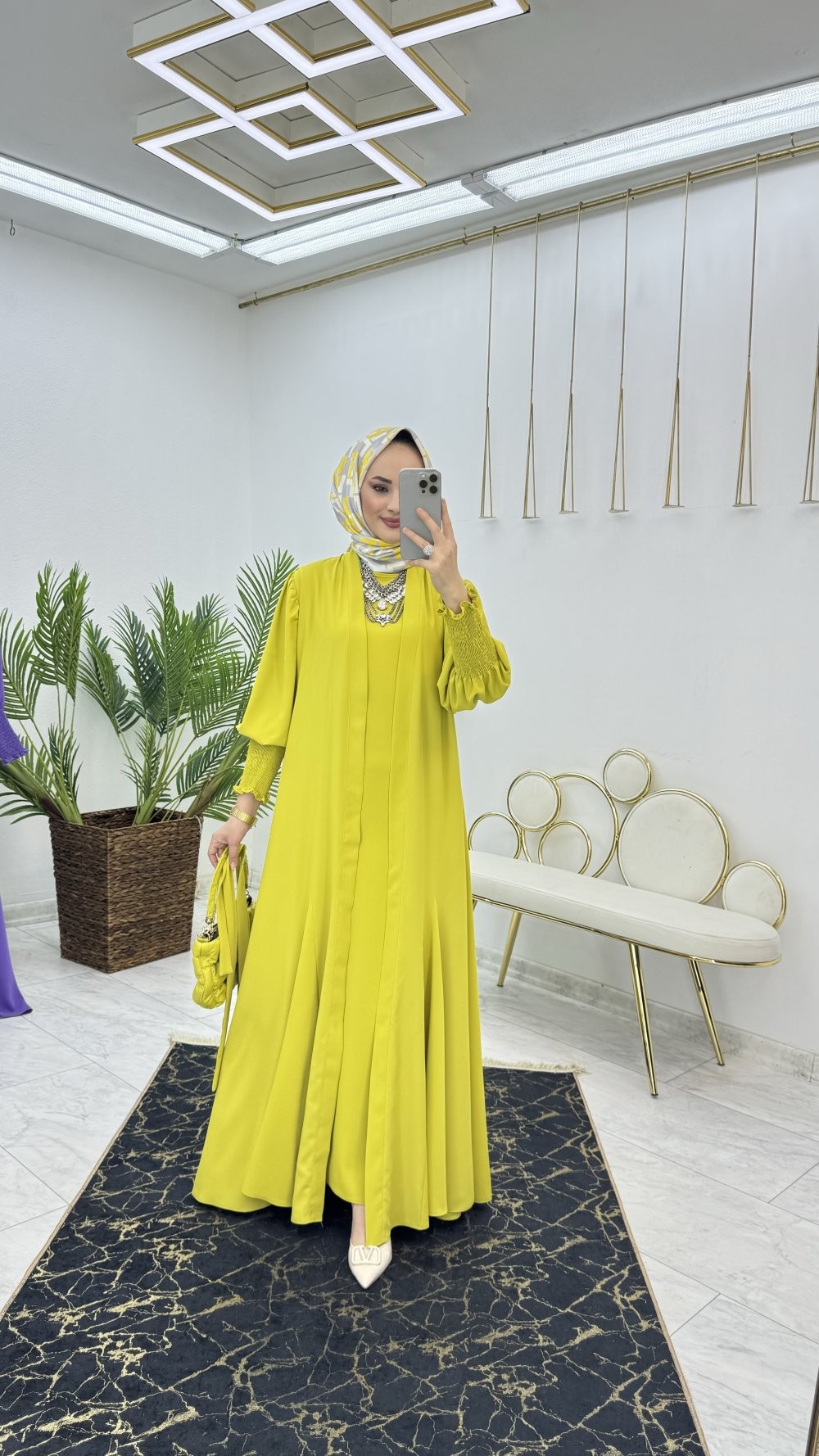 Yağ Yeşili Şahane Abaya Takım Tesettür Giyim 