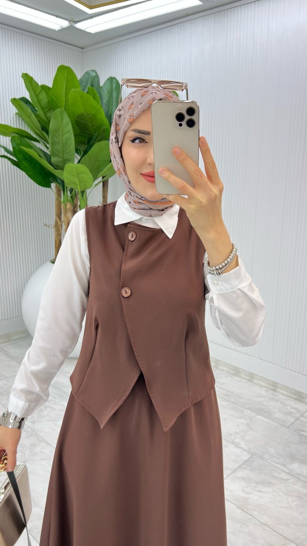 Kahve Kemerli Selvi Takım Tesettür Giyim