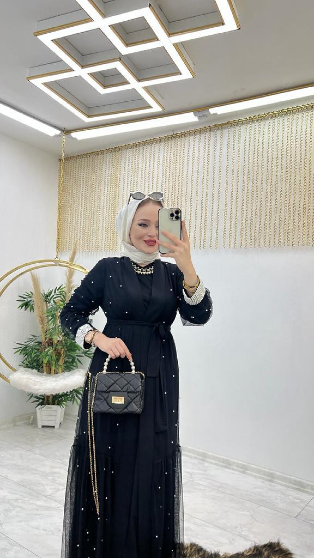 Siyah İncili Abaya Takım Tesettür Giyim 