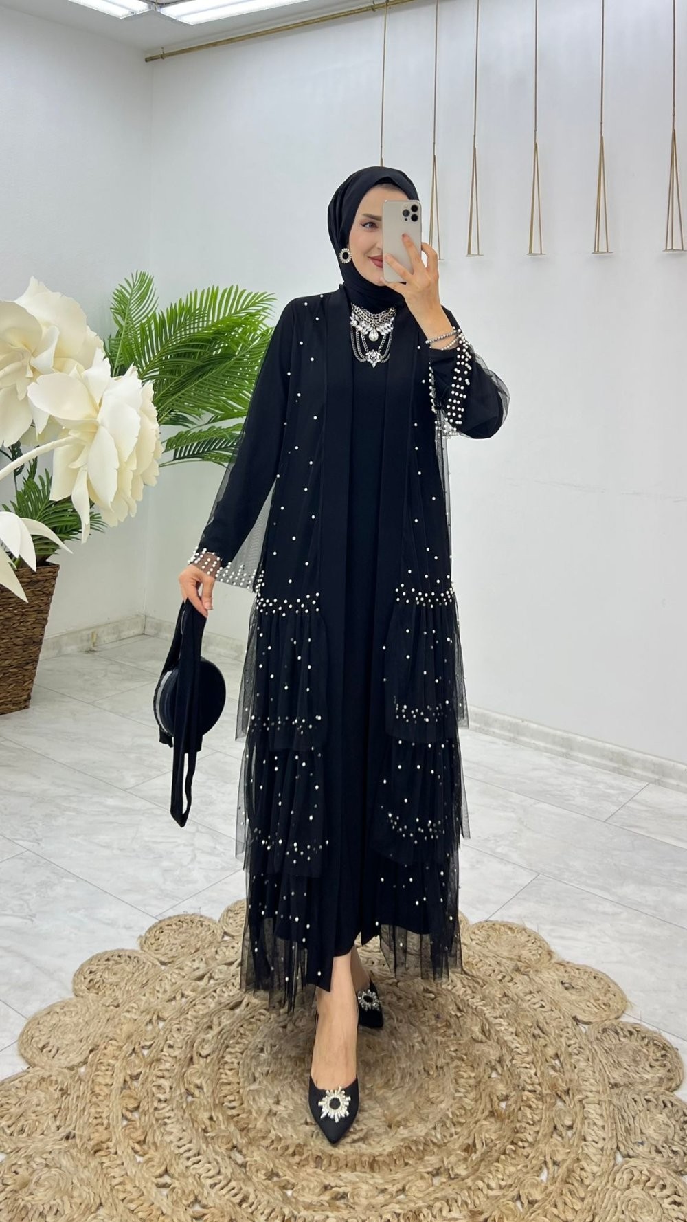 Tasarım Siyah Prenses Abaya Takım Tesettür Giyim 