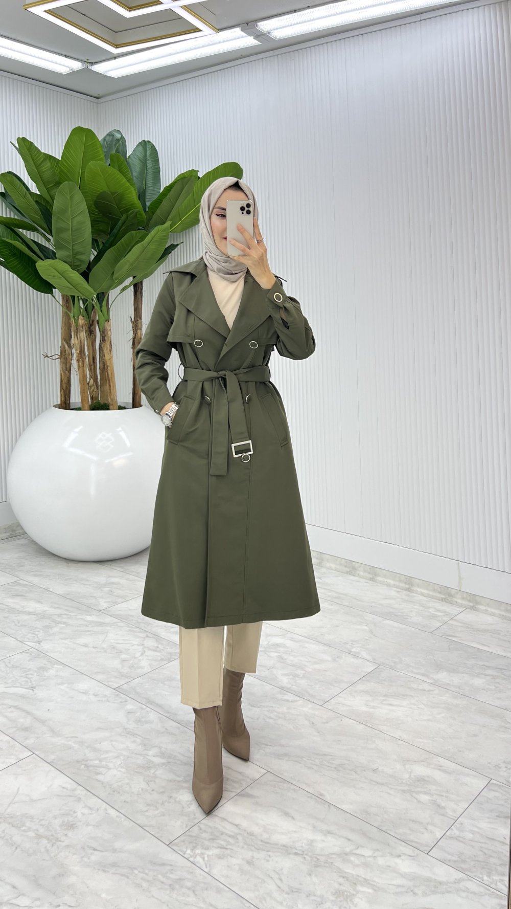 Haki Premium Astarlı Eylem Trench Tesettür Giyim 
