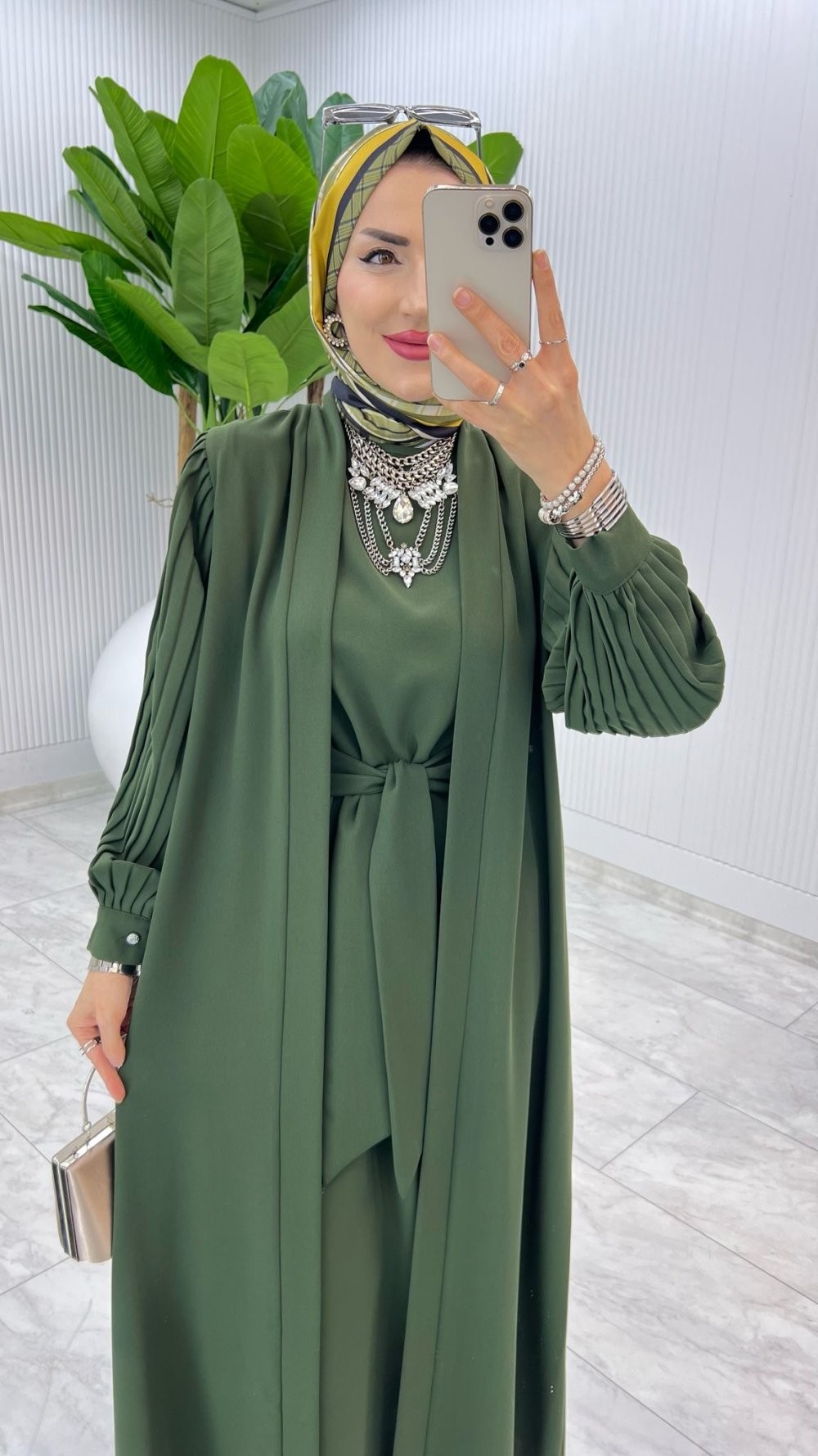 Haki Premium Melek Abaya Takım Tesettür Giyim