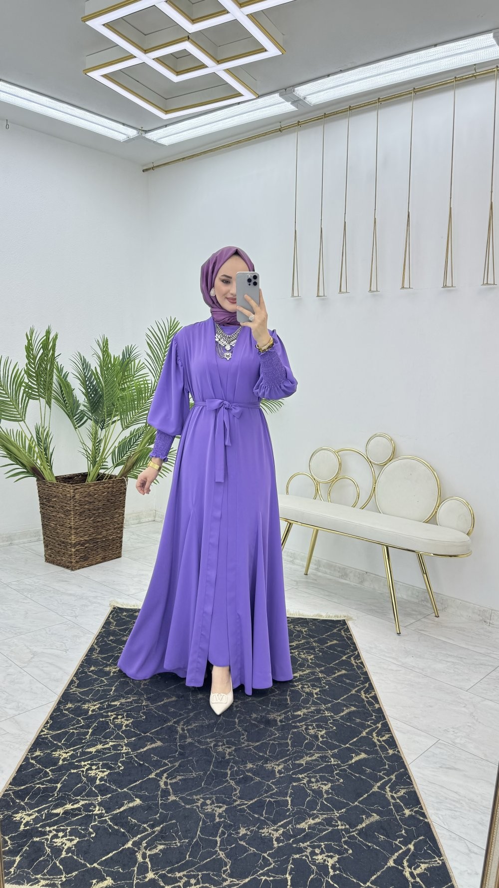 Mor Şahane Abaya Takım Tesettür Giyim 