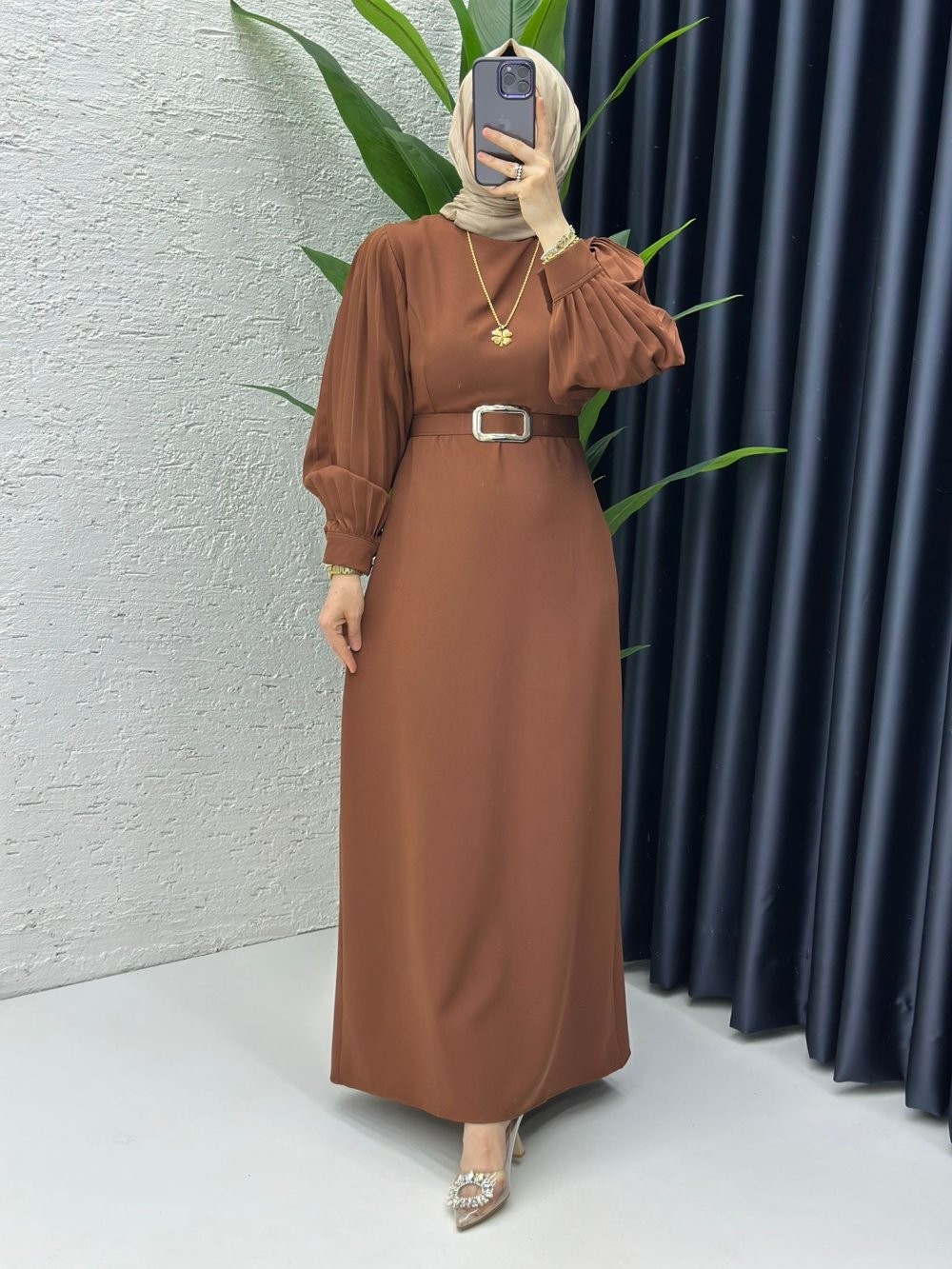 Kahve Narin Elbise Tesettür Giyim