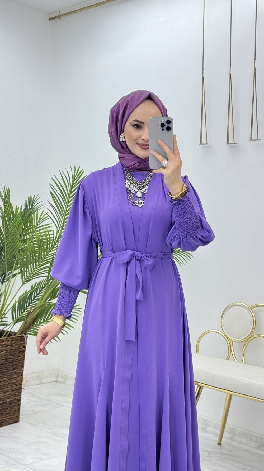 Mor Şahane Abaya Takım Tesettür Giyim 
