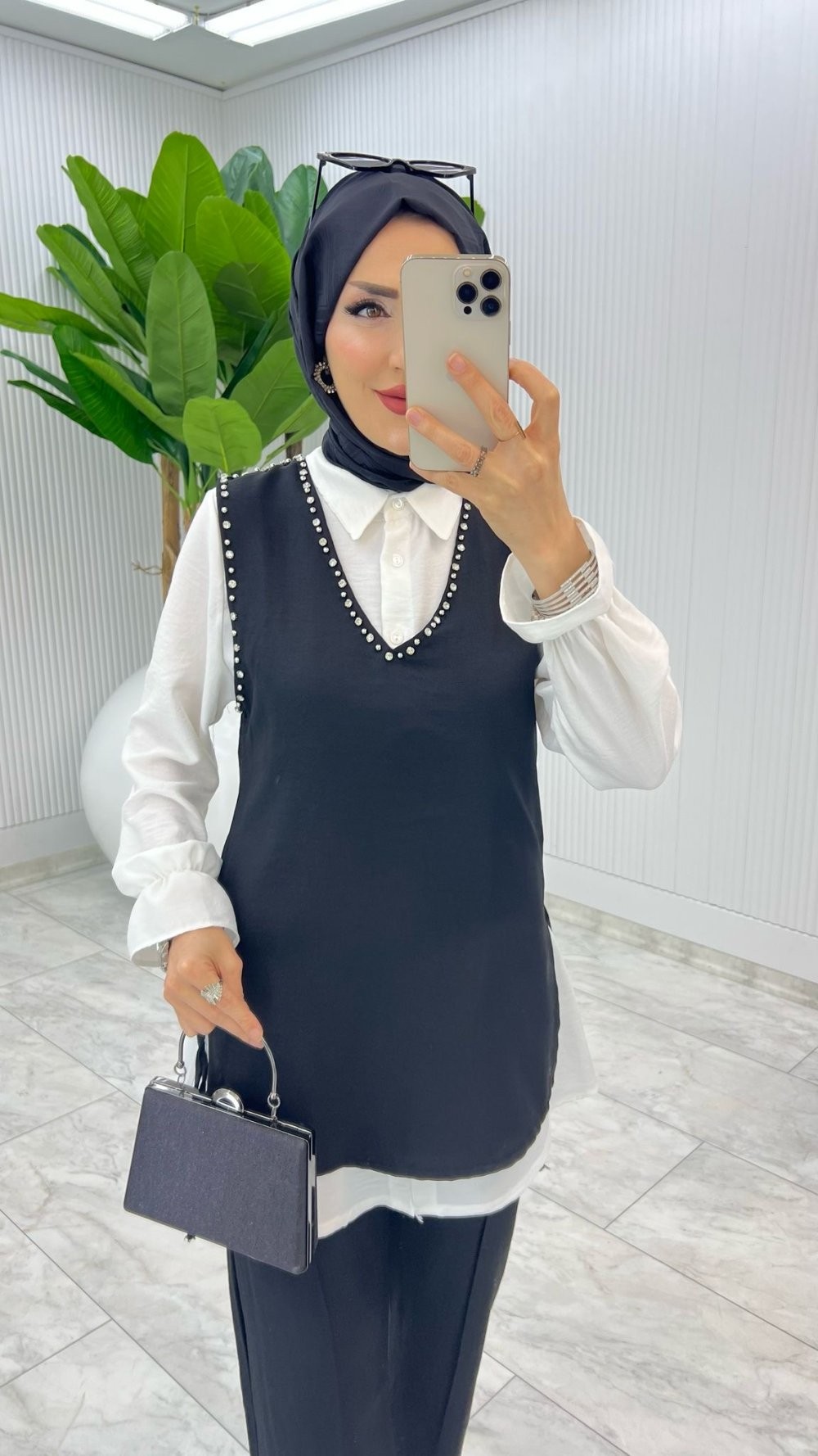 Siyah Üçlü Çağla Takım Tesettür Giyim
